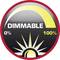 The image shows a circular label with the inscription 'DIMMABLE', 0% to 100%, in black, white and yellow. Symbolises dimmable lighting.