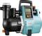 Garden pump in navy blue and black with a digital display, black filter, and orange controls, for automatic irrigation.
