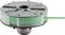 Round spool with green thread, plastic casing and central opening, frequently used in gardening tools for trimming.