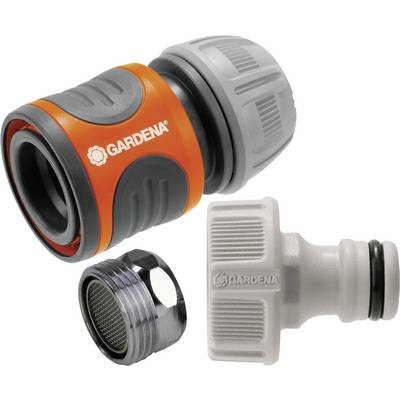 'GARDENA Hose Connector Set' consisting of three parts: orange-grey quick connector, metal coupling piece and grey adapter.