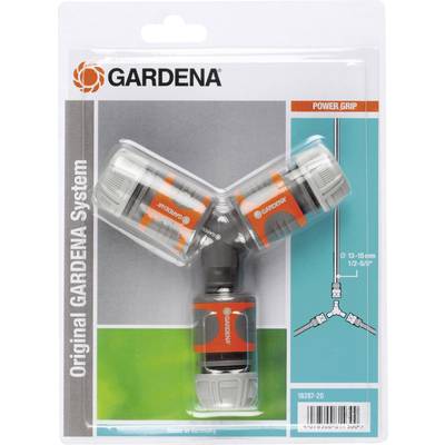 Packaging for a three-piece garden hose connector set by Gardena, comprising a Y-splitter. Suitable for hoses 13-15 mm.