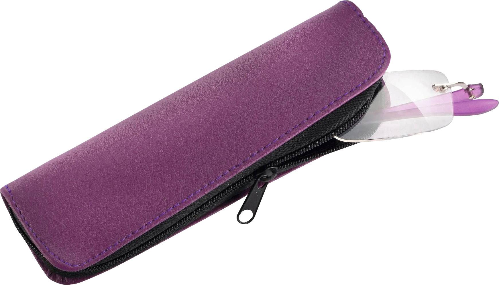 Lilac pencil case with zip, partially open; a lilac pen and ruler visible.