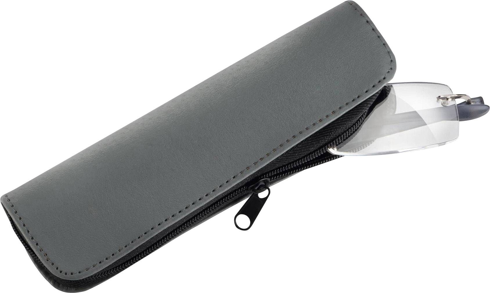 Grey zip-up case, partially open, revealing part of a pair of spectacles at the edge.