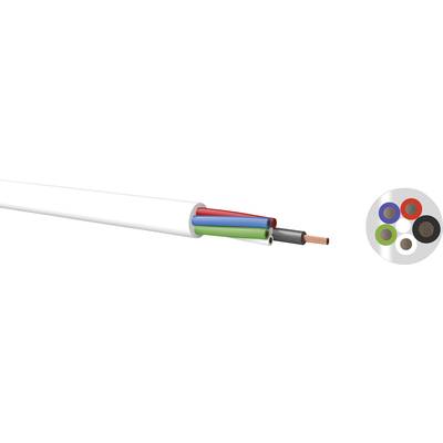 Cross-section of a multi-core cable with four coloured wires: red, green, blue and black. Wire ends are copper-coloured.