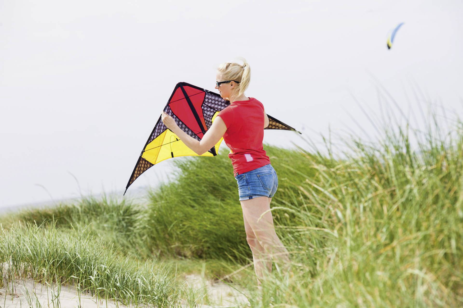 A woman is holding a colourful kite on a meadow. She is wearing a red blouse and blue shorts. In the background, another kite is flying.