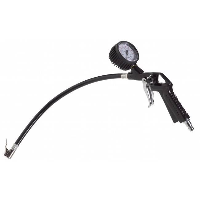 A black tyre pressure gauge with manometer and hose is shown. Suitable for measuring and adjusting tyre air pressure.