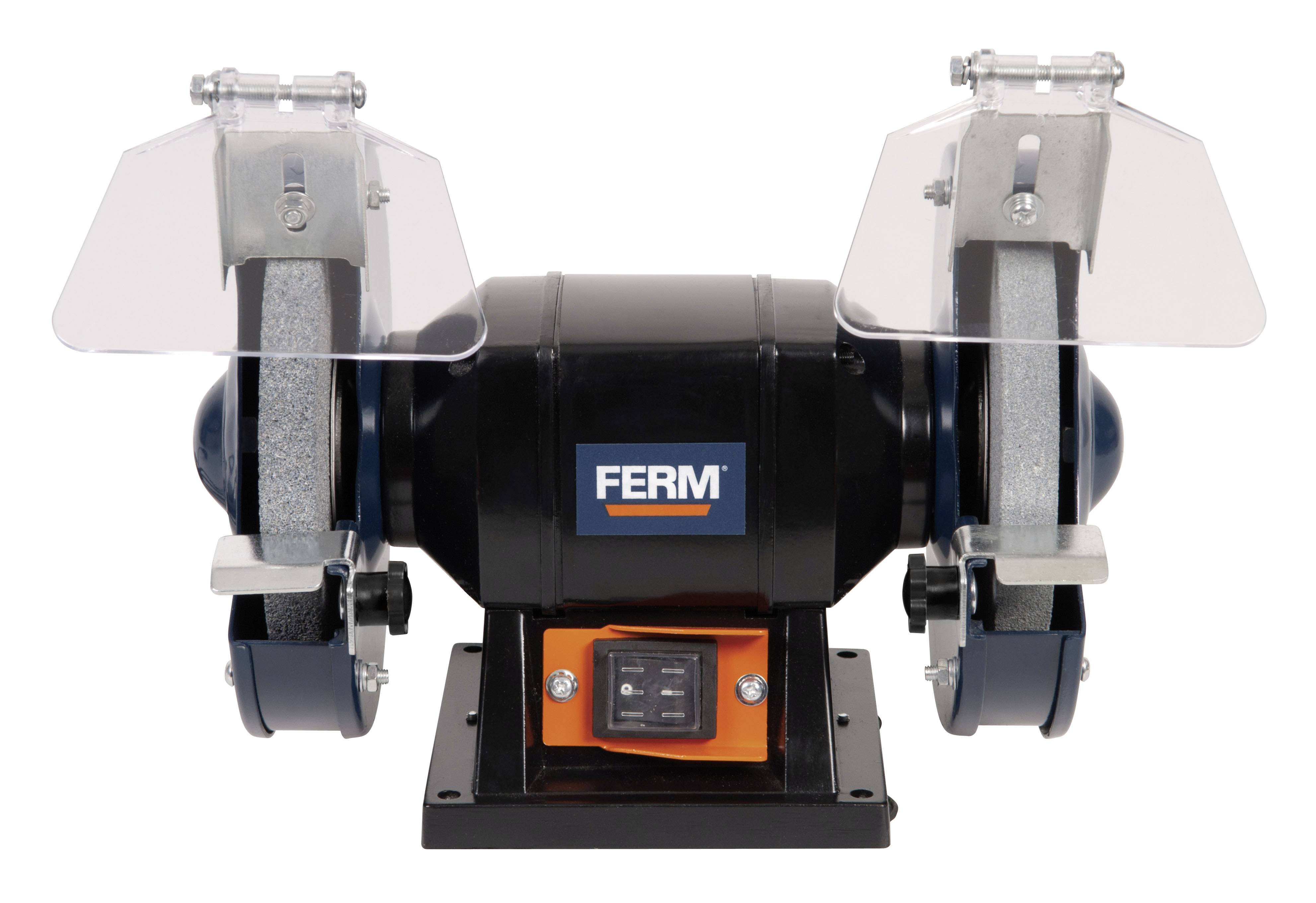 A bench grinder with two grinding wheels and safety guards. A 'FERM' logo is visible in the centre. Suitable for grinding tools.