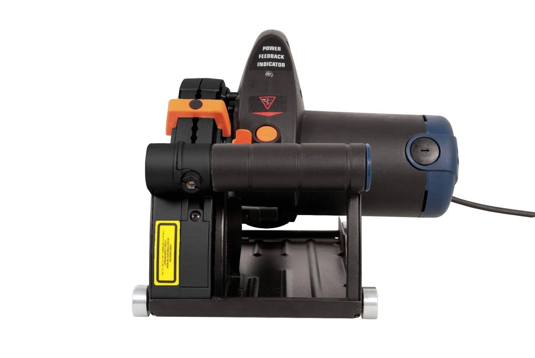Electrical hand tool with a black casing and yellow buttons, photographed from the side. The device has a blue, round end grip.