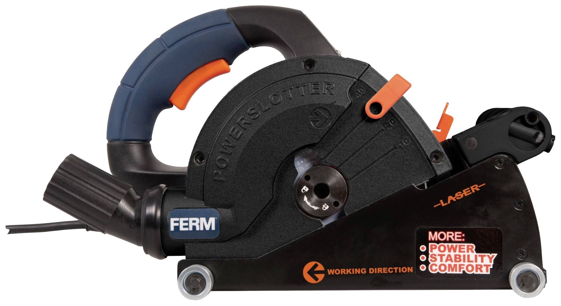 Slot milling cutter with ergonomic handle, branded as 'FERM'. Markings indicating operating direction and characteristics: Power, Stability, Comfort.