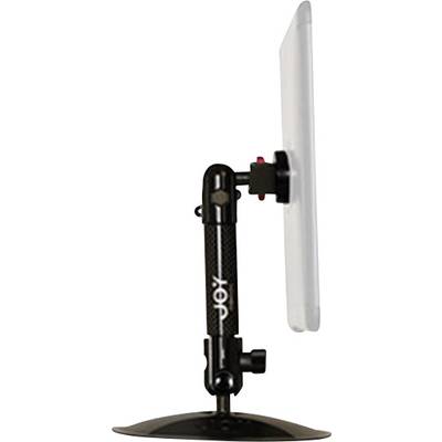 Side view of a monitor with an adjustable arm. The arm has a carbon-like texture and is mounted on a circular base.