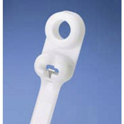 A white plastic component with a circular hole and rectangular cutout against a blue background, potentially a mounting bracket.