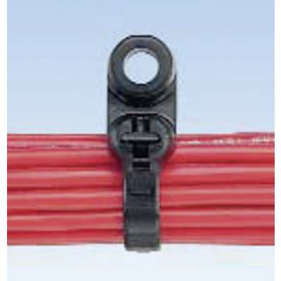 A black cable tie secures a bundle of red cables against a blue background.