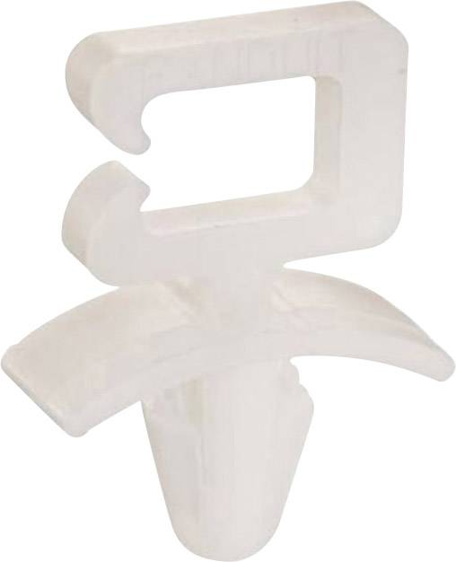 A white plastic wall plug in the shape of a hook with a square head. Used for securely fixing materials.