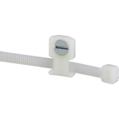 A white cable tie with a screw mechanism.
