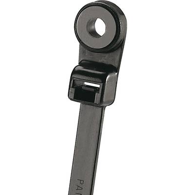 A black cable tie with an integrated mounting hole, suitable for fastening to structures or devices.