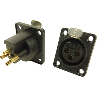 Two black XLR connectors, one with protruding pins and one with matching sockets, for audio or lighting equipment.