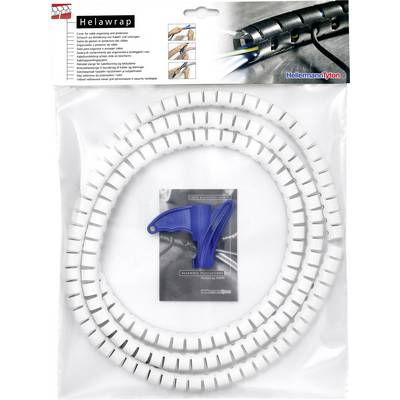 Packaging for a white cable protection sleeve 'Helawrap' with threading aid. Suitable for bundling and organising cables.