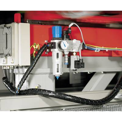 An industrial compressed air system with a pressure gauge and blue, black and white components, mounted on a metal frame.