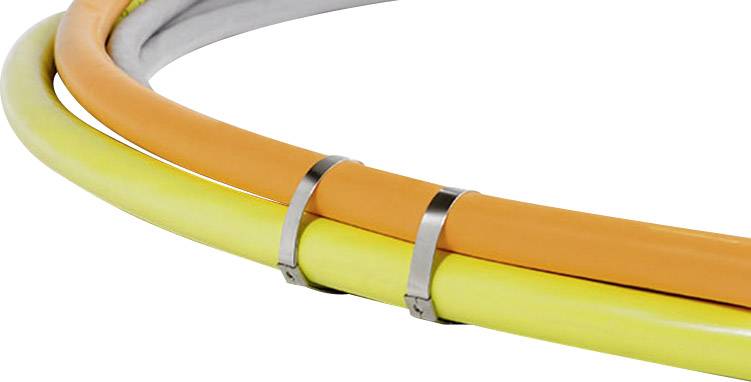 Three parallel tubes in orange, yellow, and white, held together by two silver clamps. Ideal for industrial applications.