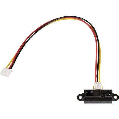 An infrared distance sensor with three cables in black, red, and yellow, terminating in a white connector.