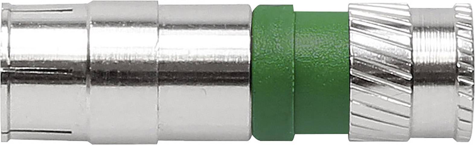 A metal connector with a green plastic sleeve in the centre, suitable for cable connections or electrical plug connections.