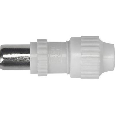 White coaxial plug with silver metal tip; used for cable connections.