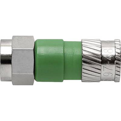 A green and silver coaxial plug, positioned sideways, shows cable connection elements. Suitable for electronic applications.