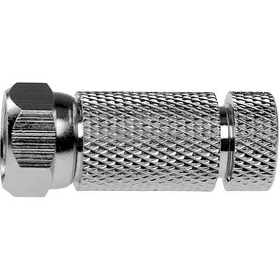 A silver metal plug with a ribbed surface, cylindrical in shape, used for coaxial cable connections.