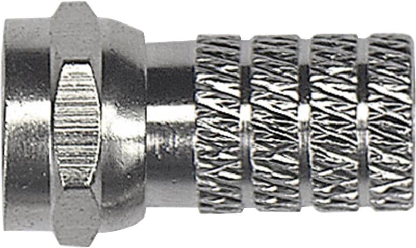 Metallic F-connector with knurled grip, viewed from a side angle. Primarily used for connecting coaxial cables.