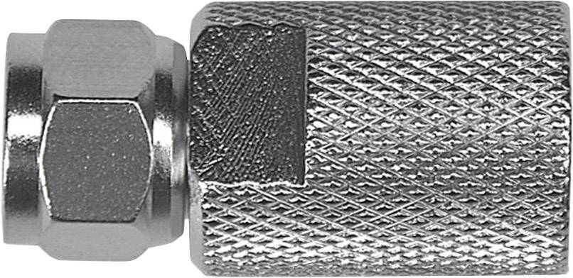 A metal adapter sensor with a hexagonal screw nut and a knurled cylindrical body for secure locking.