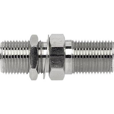 Metallic double nipple connecting adapter with threads on both ends, suitable for connecting pipes or hoses.