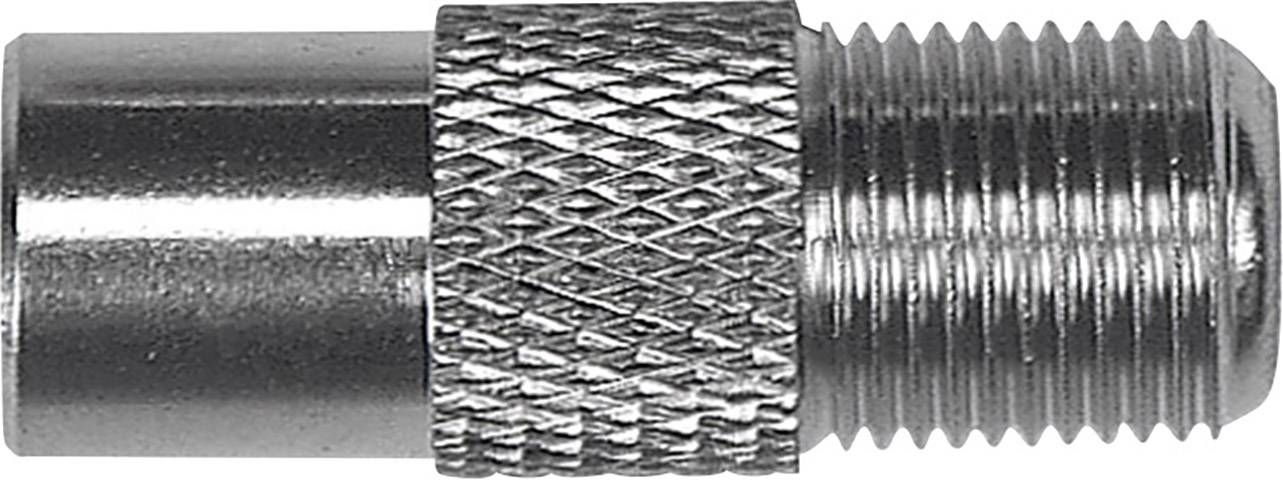 Metal adapter with knurled handle and thread, used for fastening or connecting mechanical components.