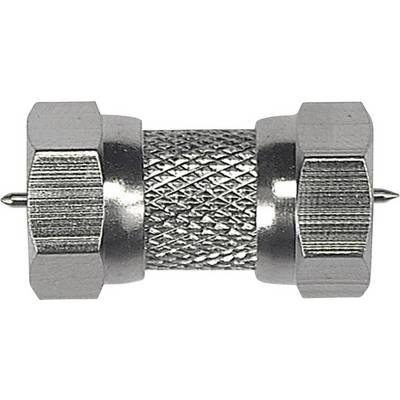 Metallic, cylindrical coaxial adapter with ribbed central surface and hexagonal ends.
