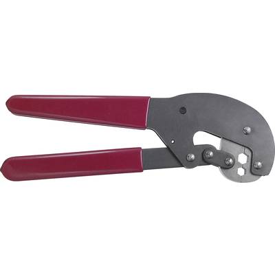 Cutting tool with red handles and a metal cutting edge. Used for cutting plates or similar materials.
