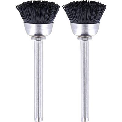 'Two black round brushes with metal handles, positioned side by side against a white background. They are mounted on a drill attachment.'