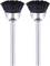 'Two black round brushes with metal handles, positioned side by side against a white background. They are mounted on a drill attachment.'