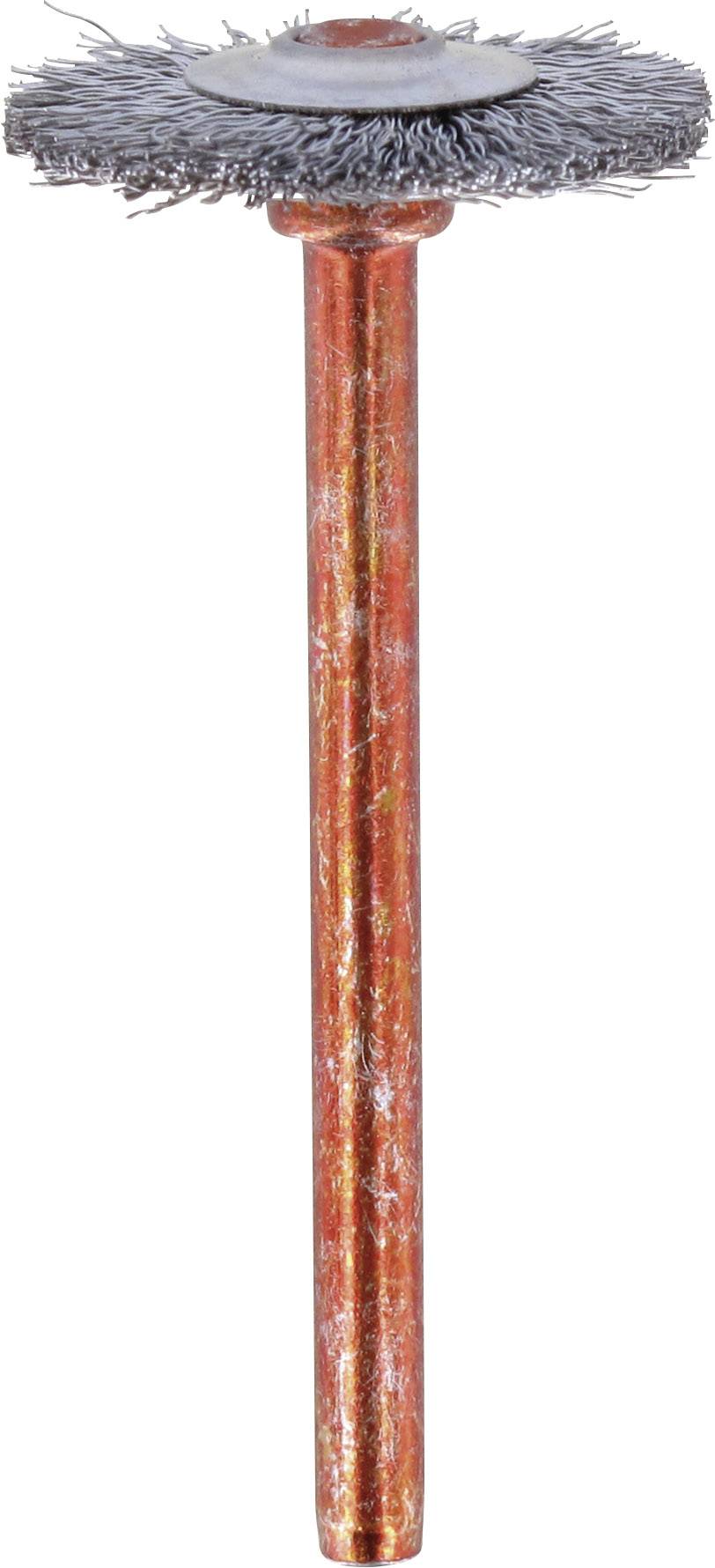 Image of a rotating wire brush attachment with a long metal shaft, used for polishing and cleaning work.