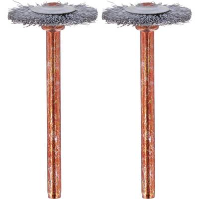 'Two red-metallic wire brush attachments for power tools, standing side by side.'