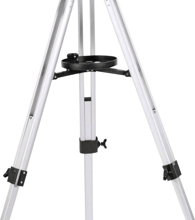 Metal tripod with a black tray table in the centre. Adjustable legs with clamps for height adjustment.
