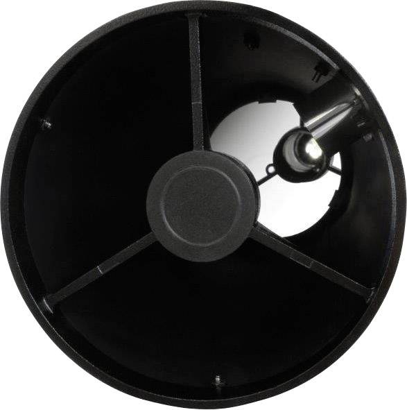 Black lampshade photographed from below, with visible light bulb inside.