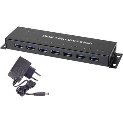 Renkforce RF-3955359 7 ports USB 3.2 1st Gen (USB 3.0) hub wall mount option, Steel casing Black