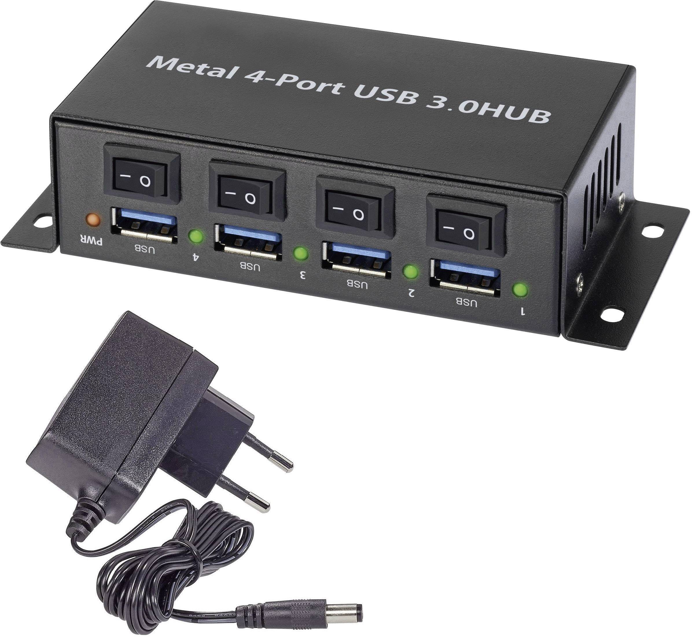 Renkforce RF-3955362 4 ports USB hub Steel casing, individually connectable, wall mount option Black