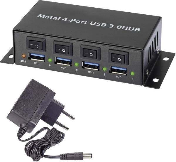Renkforce RF-3955362 USB hub 4 ports USB type A USB 3.0 5 GBit/s Steel casing, individually connectable, wall mount option Black RF-3955362