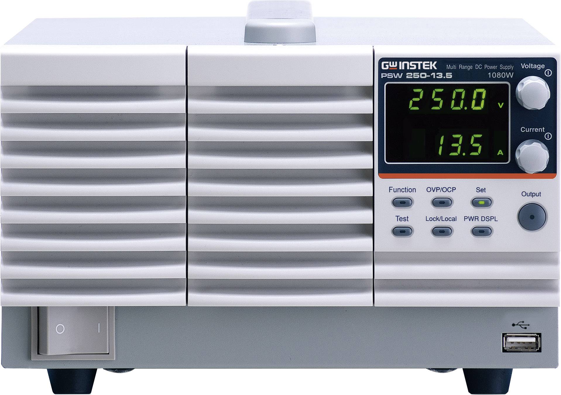 A digital power supply unit displays 250.0 V and 13.5 A on the screen. On the left are function buttons and a mains power switch.