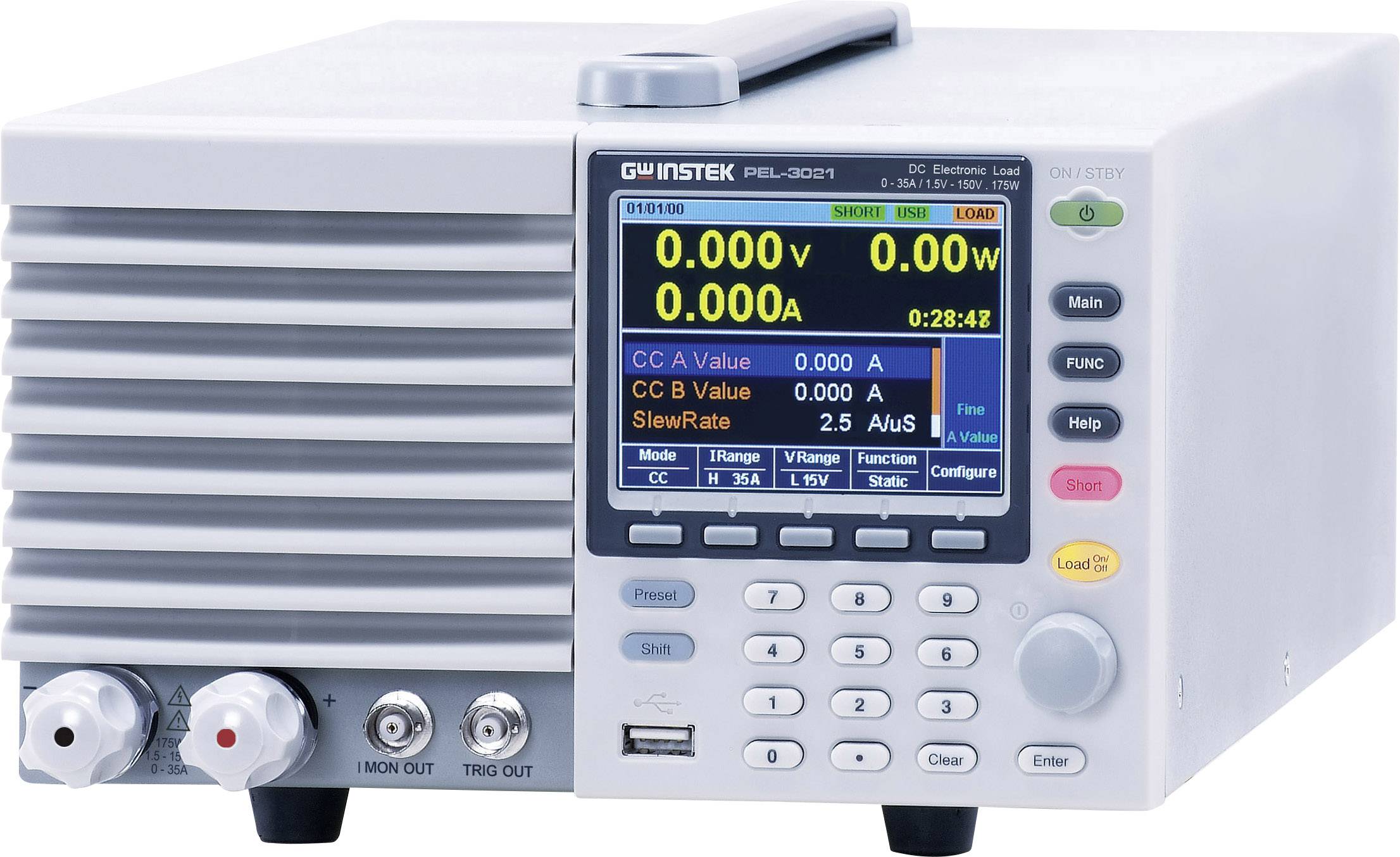 Laboratory power supply with digital display. Shows voltage 0.00V, current 0.00A and power 0.00W. Switches and connections on front panel.