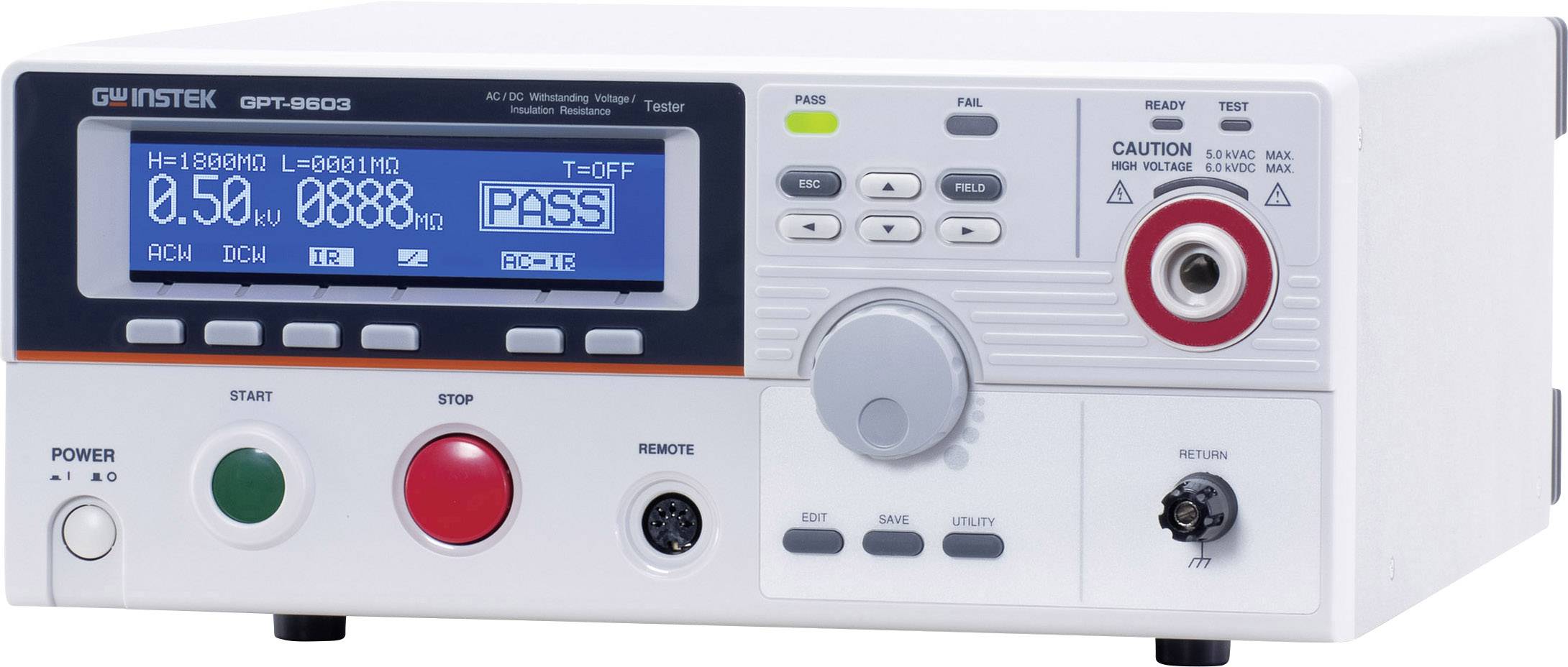 An electronic test device with a digital display is showing readings. Control buttons and indicators for operation and error status are visible.