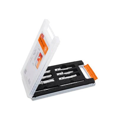 An open plastic case contains several drill bits on black foam. The case lid is slightly ajar.