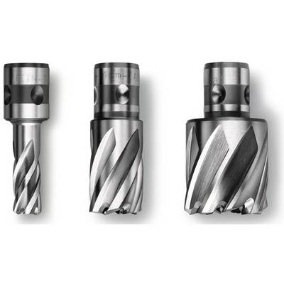 Three different milling cutters with spiral-shaped cutting edges in varying sizes on a white background.