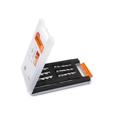 An open plastic case containing a set of metal drill bits in various sizes, neatly arranged in a foam insert.