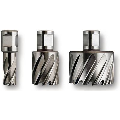 Three drill bits of varying sizes with spiral blades against a white background, displaying industrial cutting tools.